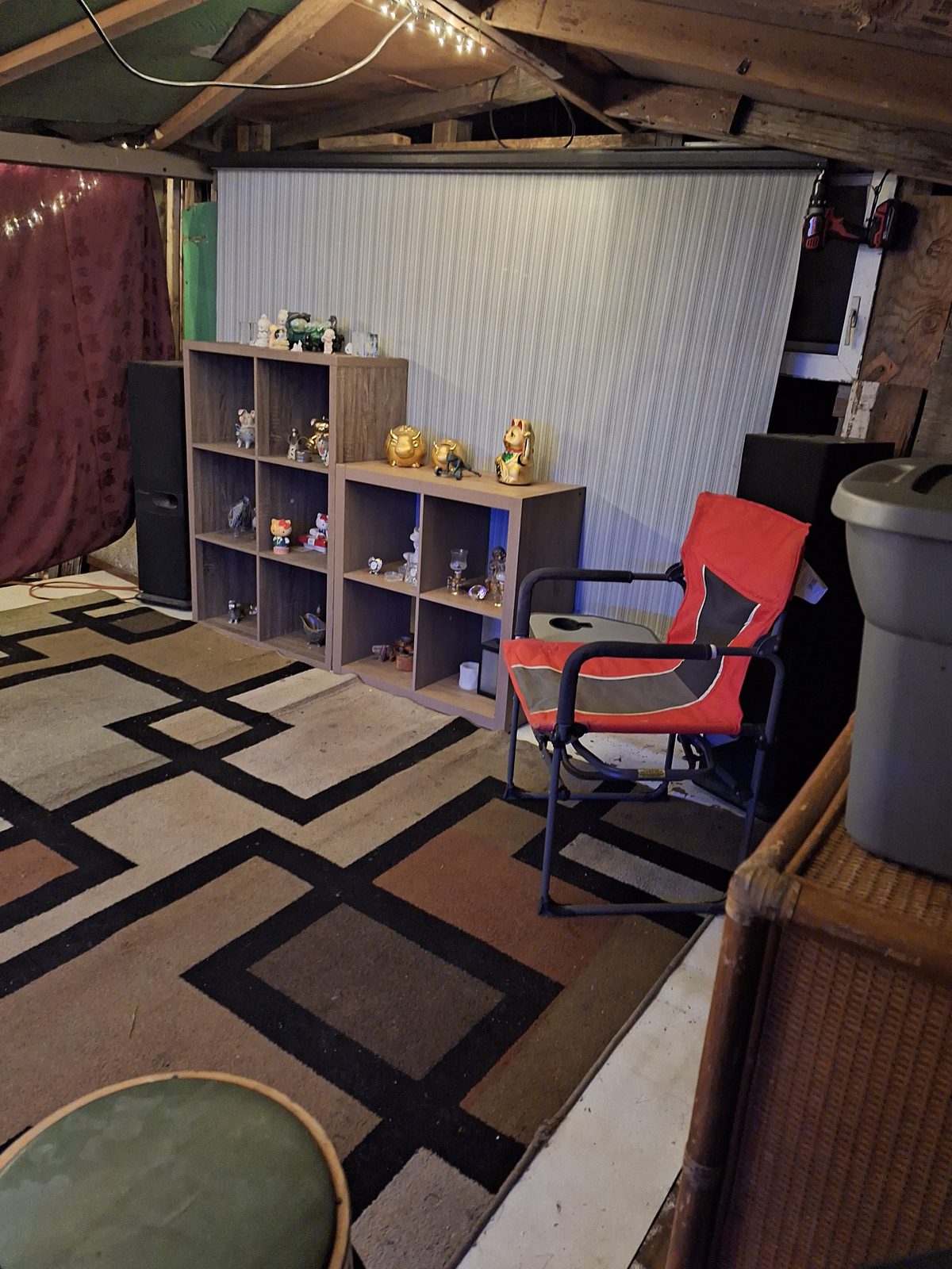 Living room with collectibles shelving and fairy lights